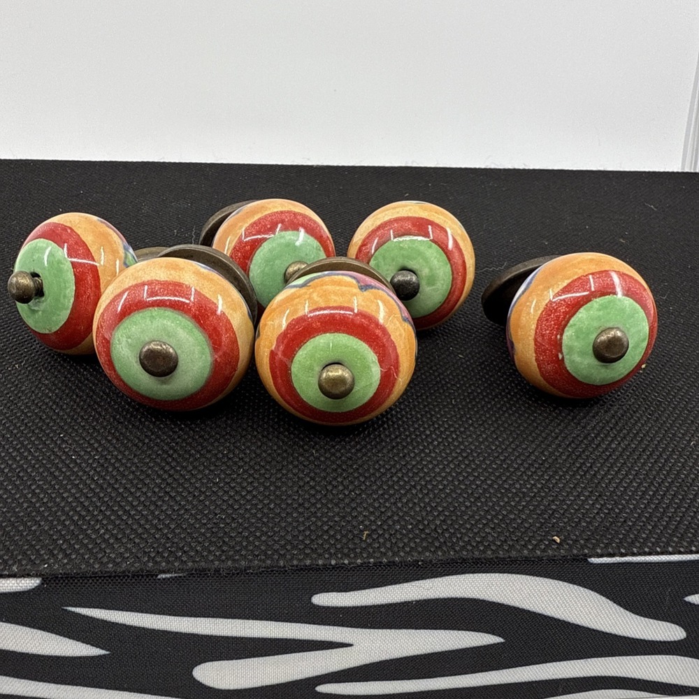6 Porcelain Colorful Drawer Knobs Door Pulls Southwestern 1.25" Wide